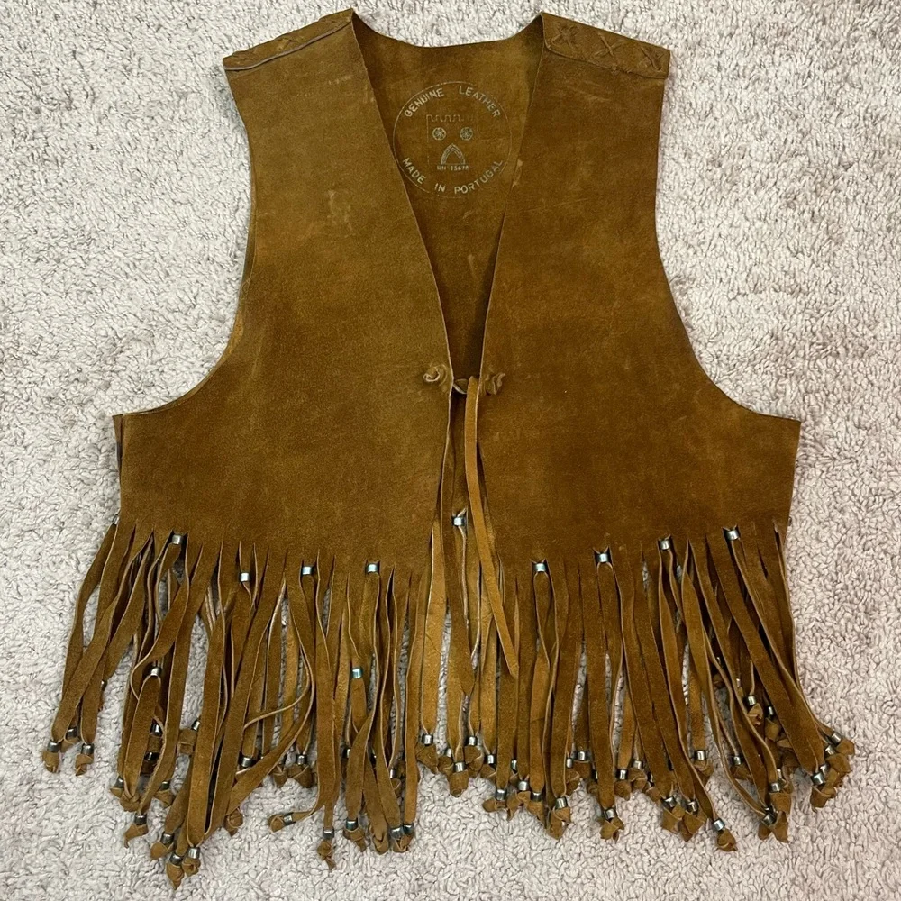 Vintage Suede Handmade Cow Hide Beaded Fringe Tassel Boho Vest / Indian Jacket